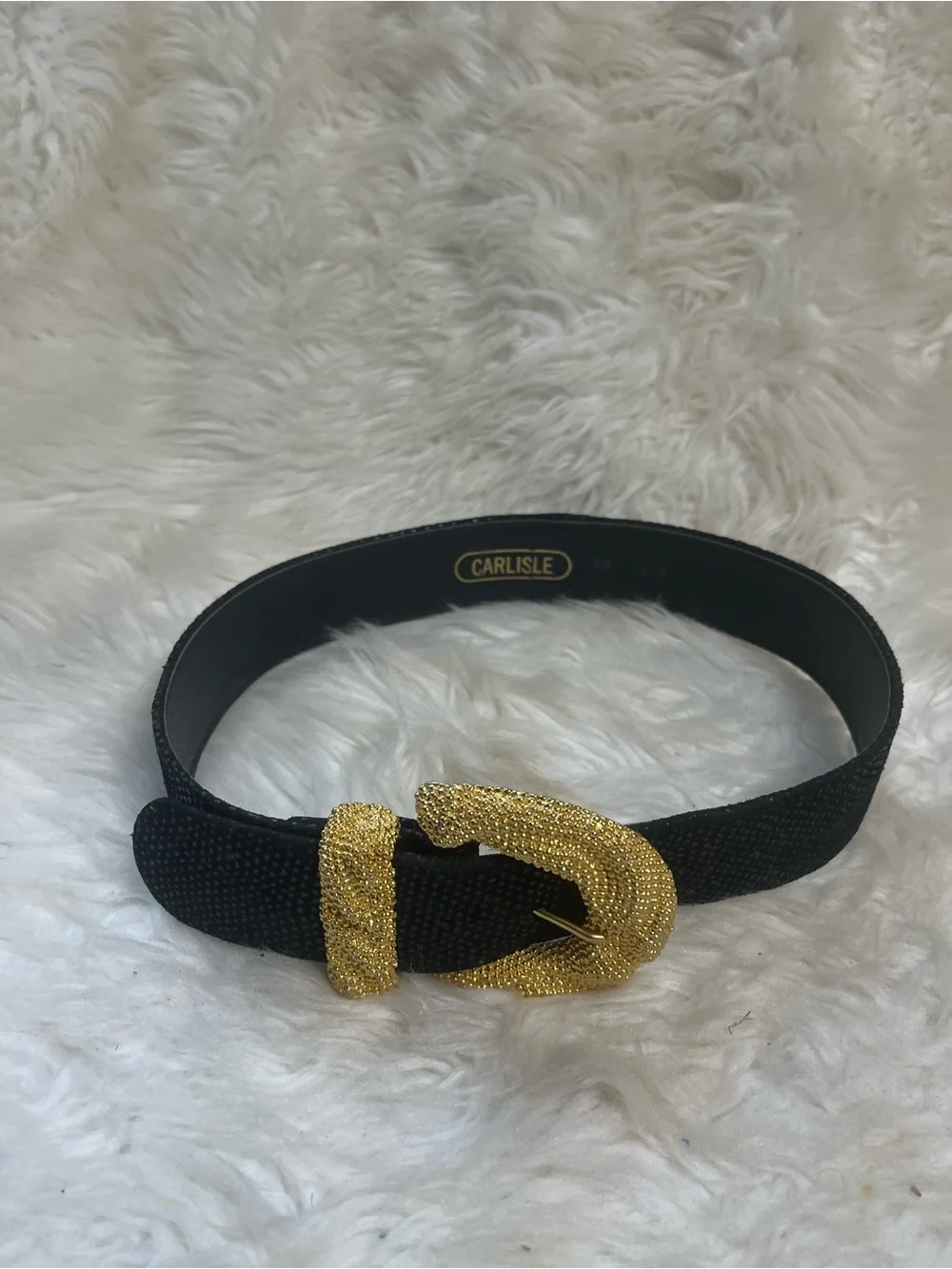 Carlisle leather black texture belt with oversized beaded gold tone buckle SZ XS